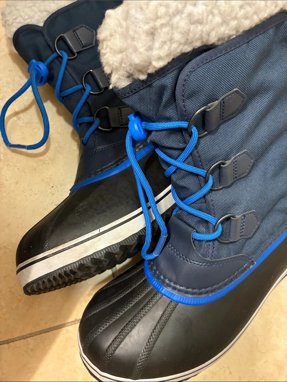 Sorel Black/Blue Yoot PAC Nylon Winter Boots White Fleece Cuff Sz 7